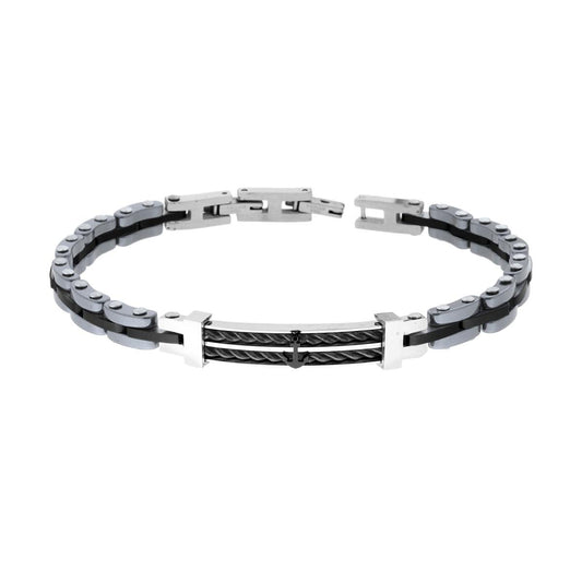 Bracciale Uomo Catena Imperniata con Ceramica Antracite e Nero Targa con Ancora e Fune in ACCIAIO