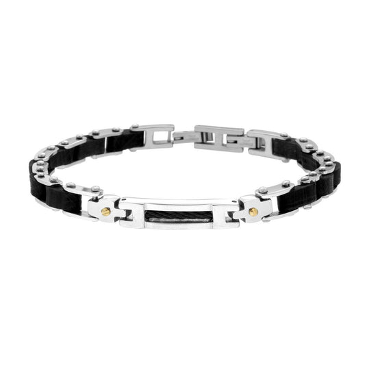 Bracciale Uomo Maglia Imperniata in Legno Nero con Targa con Fume Nera in ACCIAIO