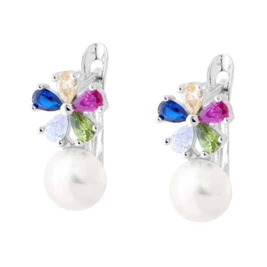 Orecchini a Scatto Inglese con Fiore Cubic Zirconia Multicolor e Perla in ARGENTO 925 Galvanica Rodio