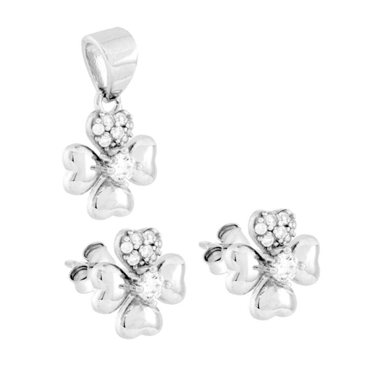 Parure Set Orecchini e Ciondolo Quadrifoglio con Cubic Zirconia Bianchi in ARGENTO 925 Galvanica Rodio