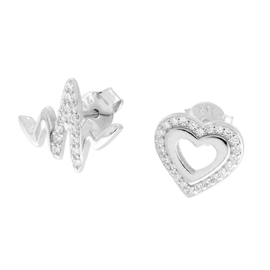 Orecchini Asimmetrici Cuore e Battito con Cubic Zirconia Bianchi in ARGENTO 925 Galvanica Rodio