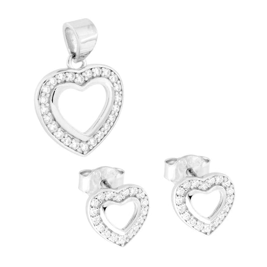 Parure Set Orecchini e Ciondolo Cuore con Cubic Zirconia Bianchi in ARGENTO 925 Galvanica Rodio