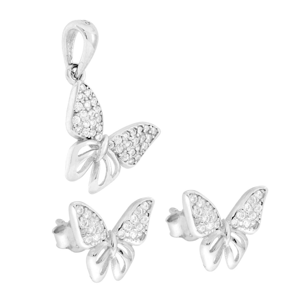 Parure Set Orecchini e Ciondolo Farfalla con Cubic Zirconia Bianchi in ARGENTO 925 Galvanica Rodio
