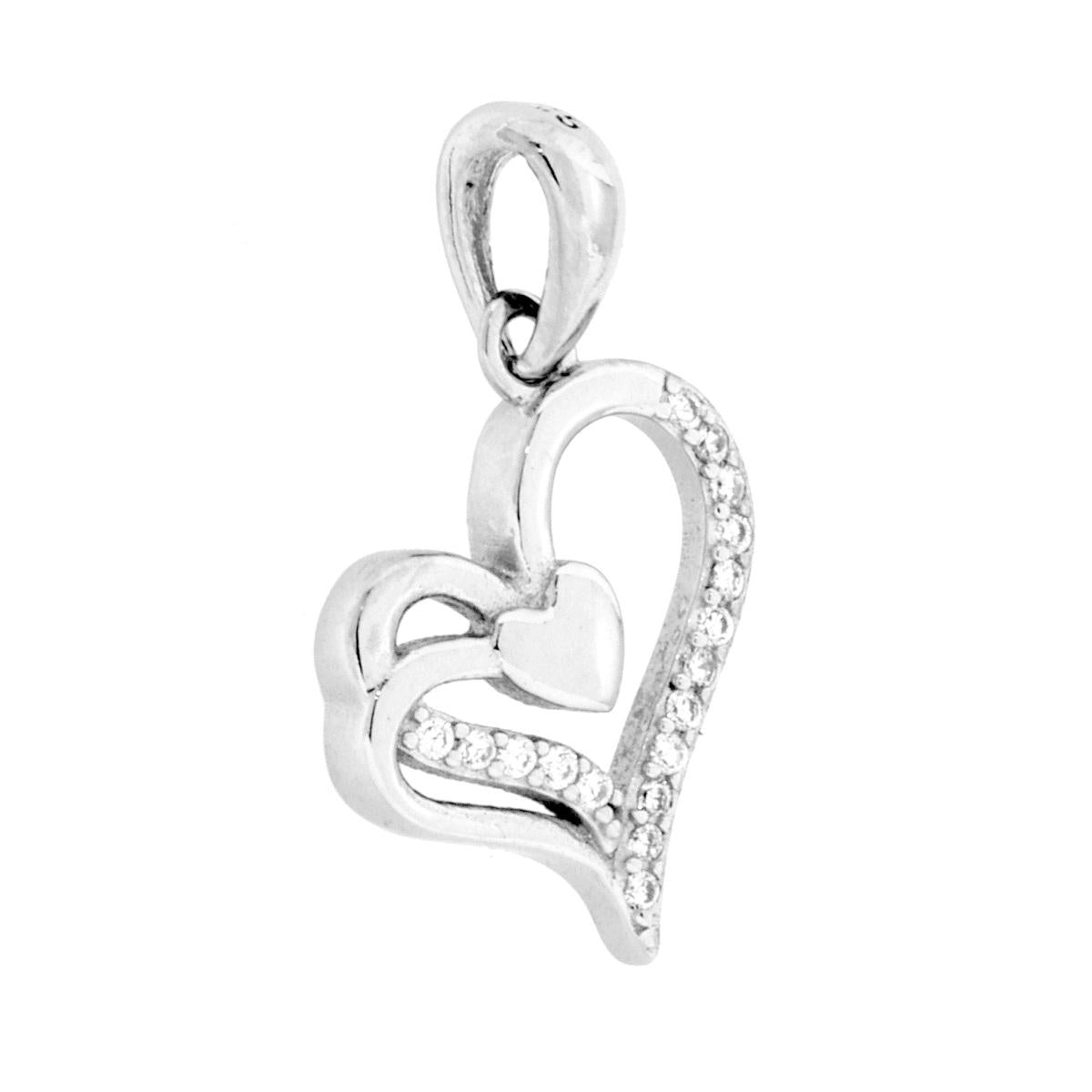 Ciondolo Cuore con Cuoricino e Cubic Zirconia Bianchi in ARGENTO 925 Galvanica Rodio