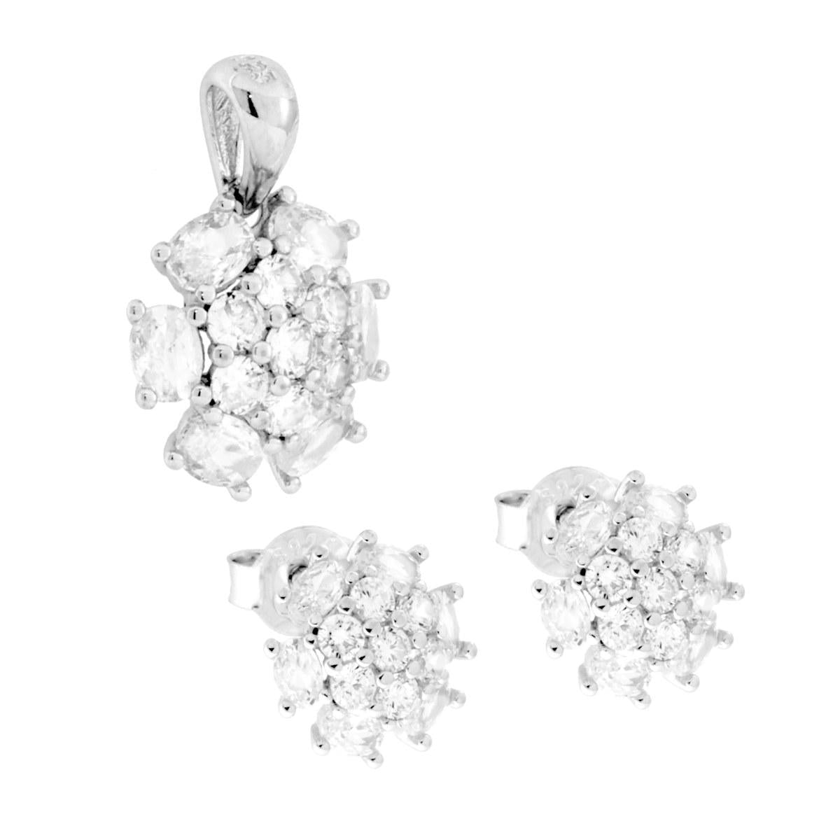 Parure Set Orecchini e Ciondolo Fiore con Cubic Zirconia Bianchi in ARGENTO 925 Galvanica Rodio