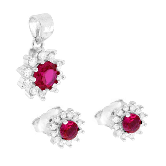 Parure Set Orecchini e Ciondolo Tondo Rosso Rubino contornato da Cubic Zirconia Bianchi in ARGENTO 925 Galvanica Rodio