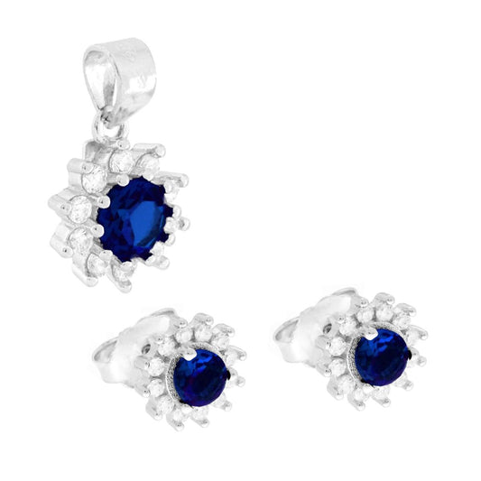 Parure Set Orecchini e Ciondolo Tondo Blu Zaffiro contornato da Cubic Zirconia Bianchi in ARGENTO 925 Galvanica Rodio