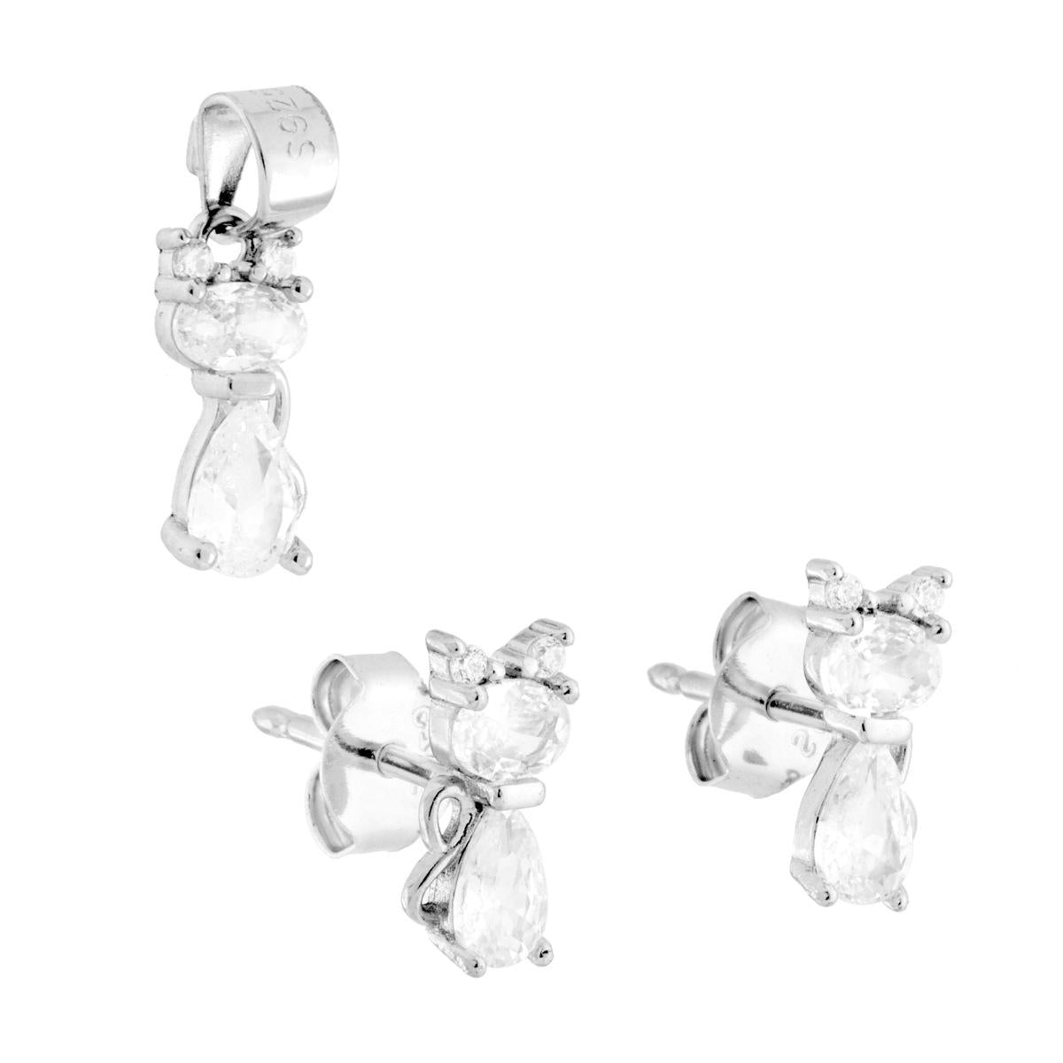Parure Set Orecchini e Ciondolo Gatto con Cubic Zirconia Bianchi in ARGENTO 925 Galvanica Rodio