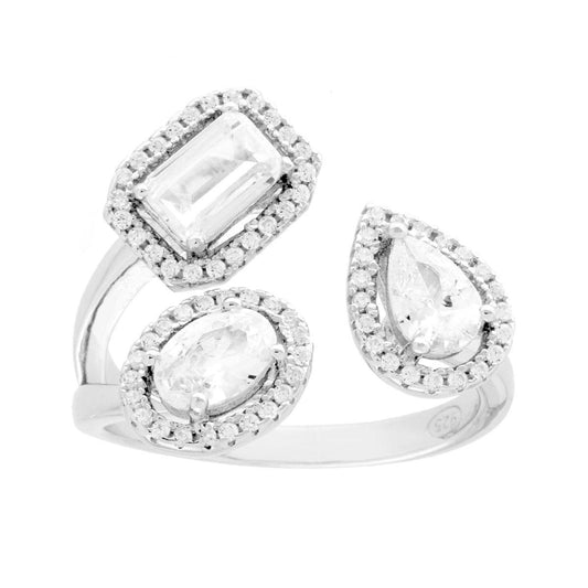 Anello Contrarie motivo geometrico con Cubic Zirconia Bianchi Multitaglio in ARGENTO 925 Galvanica Rodio