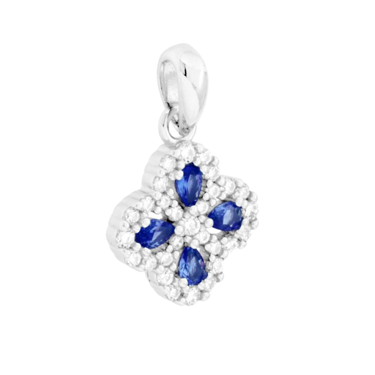 Ciondolo Quadrifoglio con Cubic Zirconia Blu Zaffiro e in ARGENTO 925 Galvanica Rodio