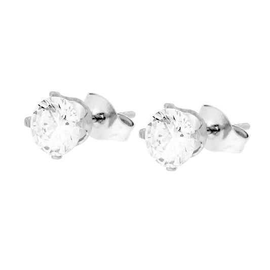Orecchini Punto Luce Tondo a Griffe con Crystal Bianco mm 6 in ACCIAIO
