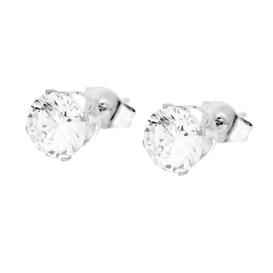 Orecchini Punto Luce Tondo a Griffe con Crystal Bianco mm 7 in ACCIAIO