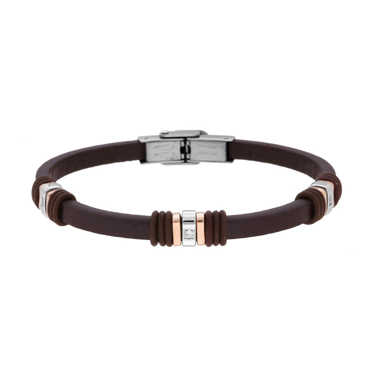 Bracciale Uomo in Ecopelle Marrone con Crystal Bianchi e Accessori Rosa in ACCIAIO