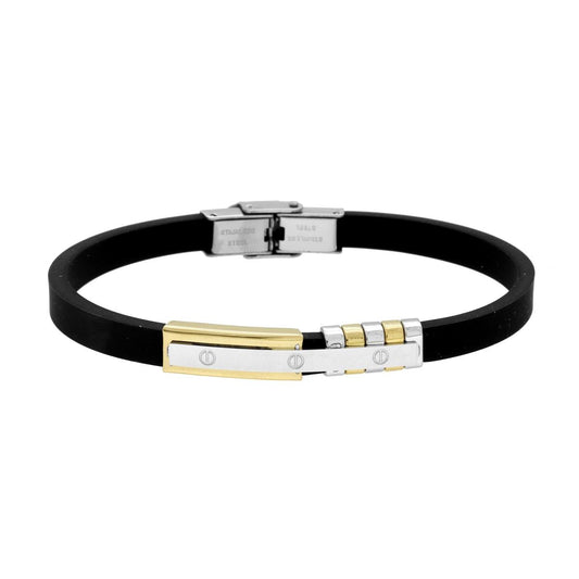 Bracciale Uomo in Caucciu PVC Nero con Targa colore Oro e Accessori in ACCIAIO