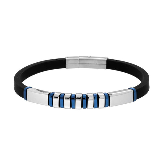 Bracciale Uomo in PVC Caucciu Nero con Accessori colore Blu in ACCIAIO
