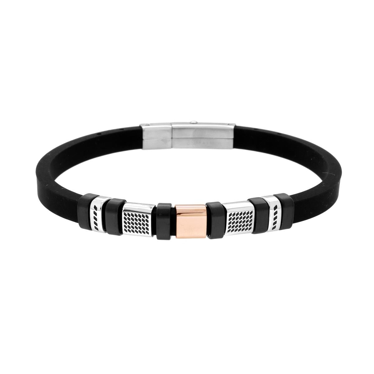 Bracciale Uomo in Caucciu PVC Nero e Accessori Rosa e con Decoro Geometrico in ACCIAIO