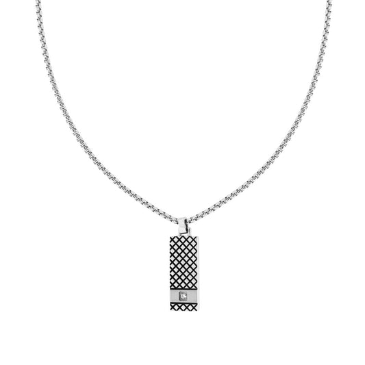 Collana Catena Veneziana Tonda con Piastra Rettangolare Quadrettata e Crystal Bianco in ACCIAIO