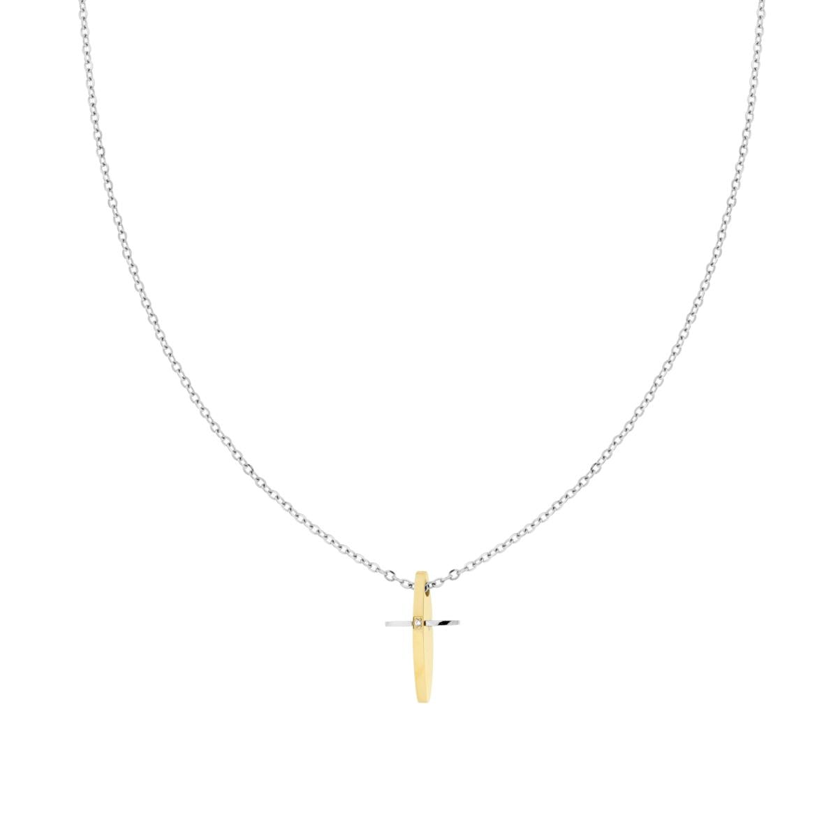 Collana Catena Forzatina Diamantata con Croce colore Oro con Crystal Bianco in ACCIAIO