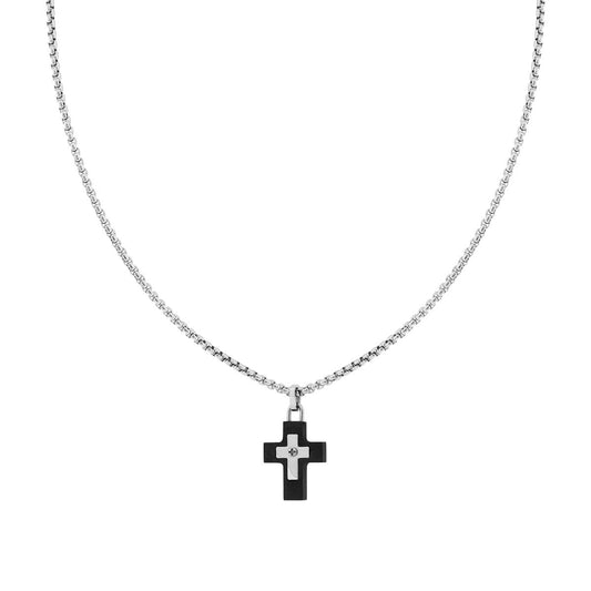 Collana Catena Veneziana Tonda e Croce in PVC Nero in ACCIAIO