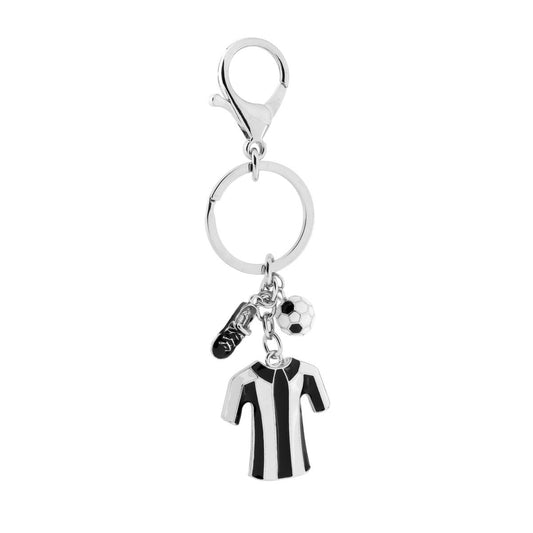 Portachiavi Uomo Donna ad Anello e Pappagallo con Pallone Scarpa e Maglia Calcio con Smalto Bianco e Nero in ACCIAIO