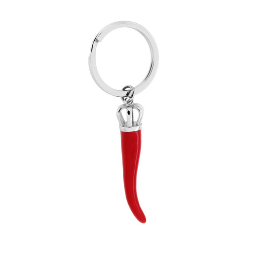 Portachiavi Uomo Donna ad Anello con Corno Portafortuna con Smalto Rosso in ACCIAIO
