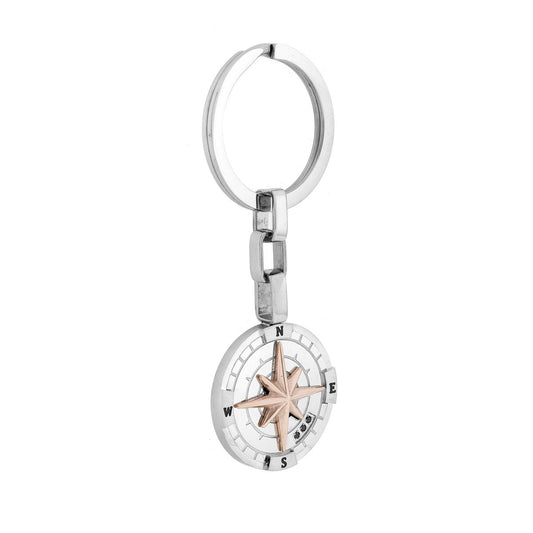 Portachiavi Uomo Donna ad Anello con Tondo con Rosa dei Venti colore Rosa in ACCIAIO