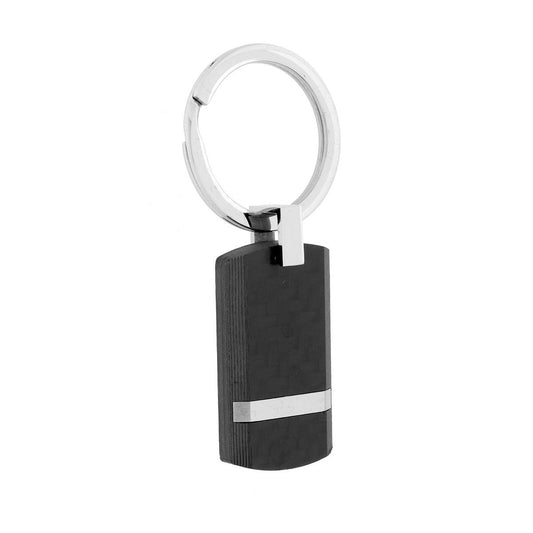 Portachiavi Uomo Donna ad Anello con Piastra in PVC Nero effetto Fibra di Carbonio in ACCIAIO