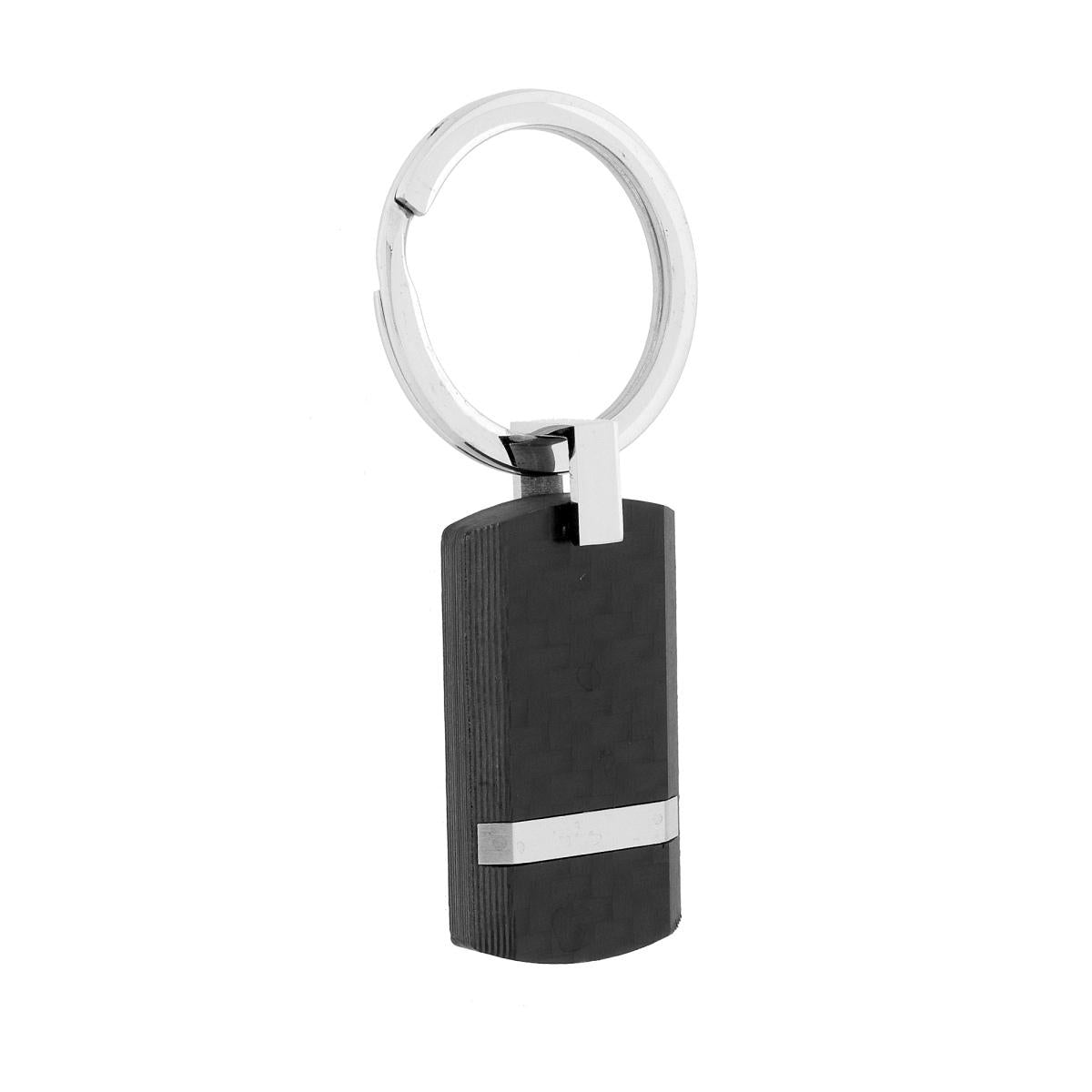 Portachiavi Uomo Donna ad Anello con Piastra in PVC Nero effetto Fibra di Carbonio in ACCIAIO