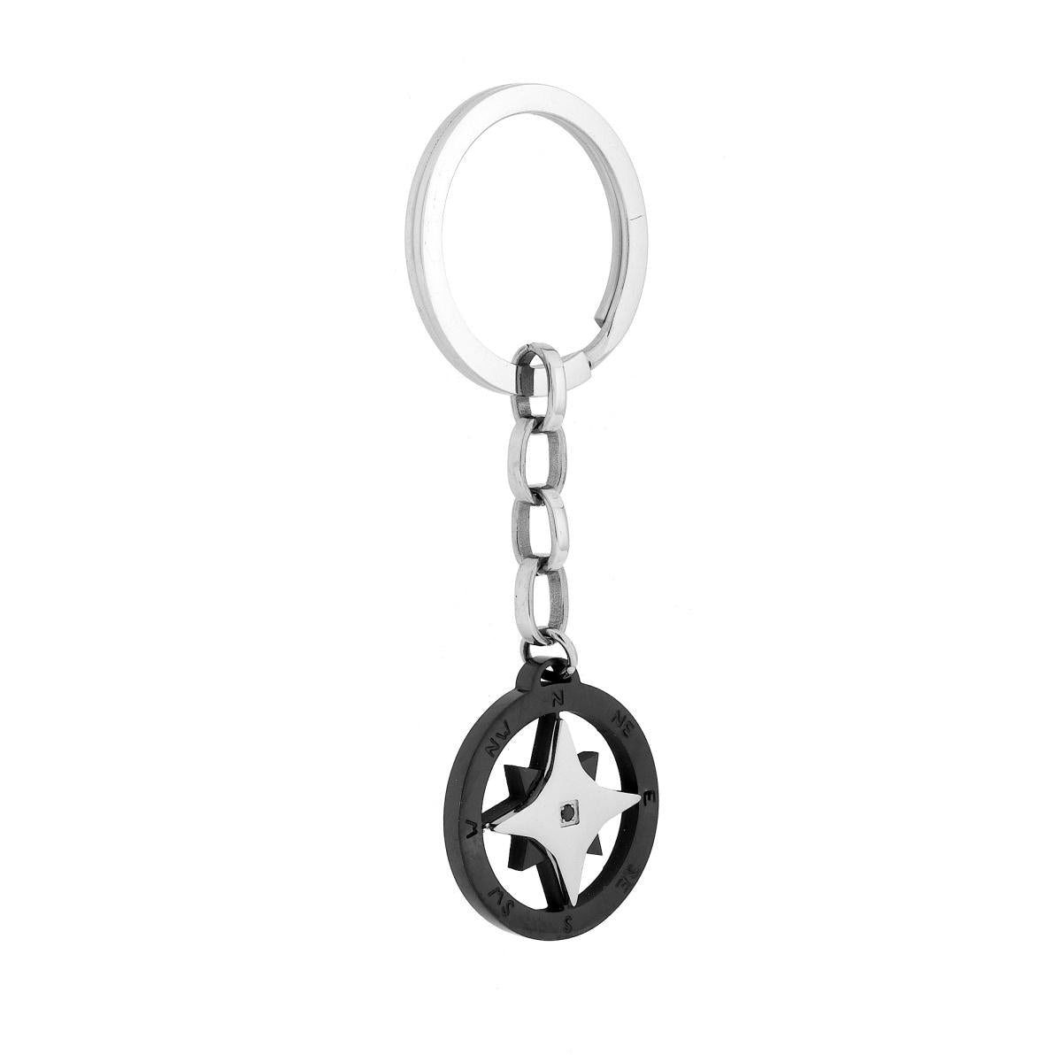 Portachiavi Uomo Donna ad Anello con Tondo Nero Rosa dei Venti e Crystal Nero in ACCIAIO
