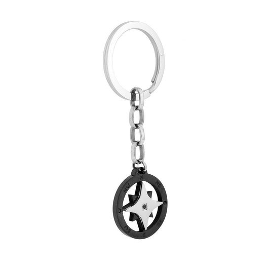 Portachiavi Uomo Donna ad Anello con Tondo Nero Rosa dei Venti e Crystal Nero in ACCIAIO