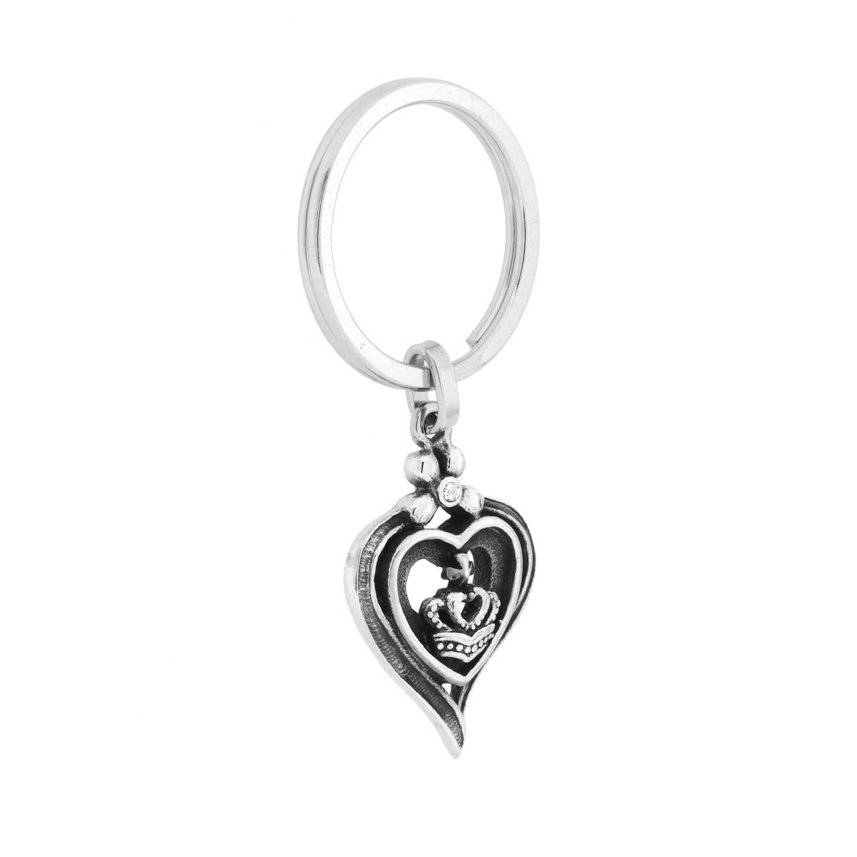 Portachiavi Uomo Donna ad Anello con Cuore Corona e Crystal Bianco in ACCIAIO