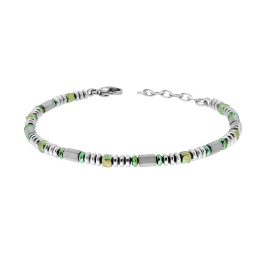 Bracciale Catena con Cubetti e Anelli Sfaccettati Verde e Cilindri Grigi in ACCIAIO