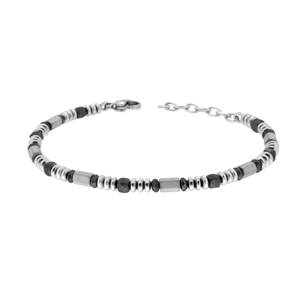 Bracciale Catena con Cubetti e Anelli Sfaccettati Antracite e Cilindri Grigi in ACCIAIO