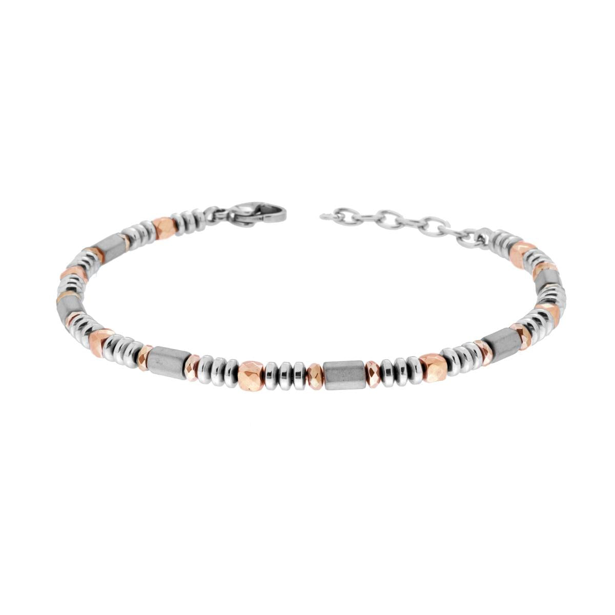 Bracciale Catena con Cubetti e Anelli Sfaccettati Rosa e Cilindri Grigi in ACCIAIO