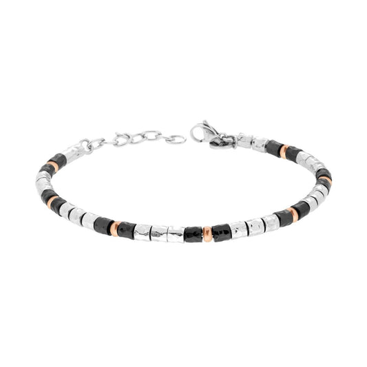 Bracciale Catena con Cilindri Neri martellati ed Accessori Rosa in ACCIAIO