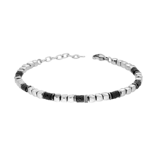 Bracciale Catena con Pietra Lavica Nera Cilindri Martellati Cubetti e Bulloni in ACCIAIO