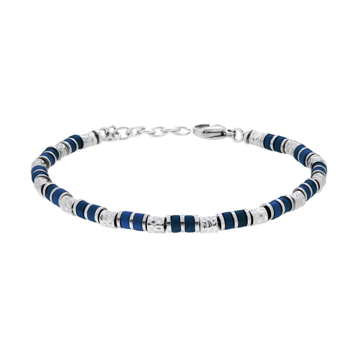 Bracciale Catena con Pietre Blu Lapislazzuli e Cilindri martellati in ACCIAIO
