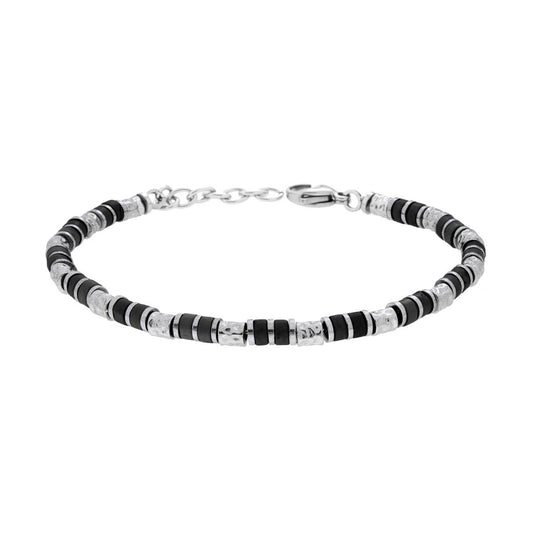 Bracciale Catena con Pietre Nero Onice e Cilindri martellati in ACCIAIO