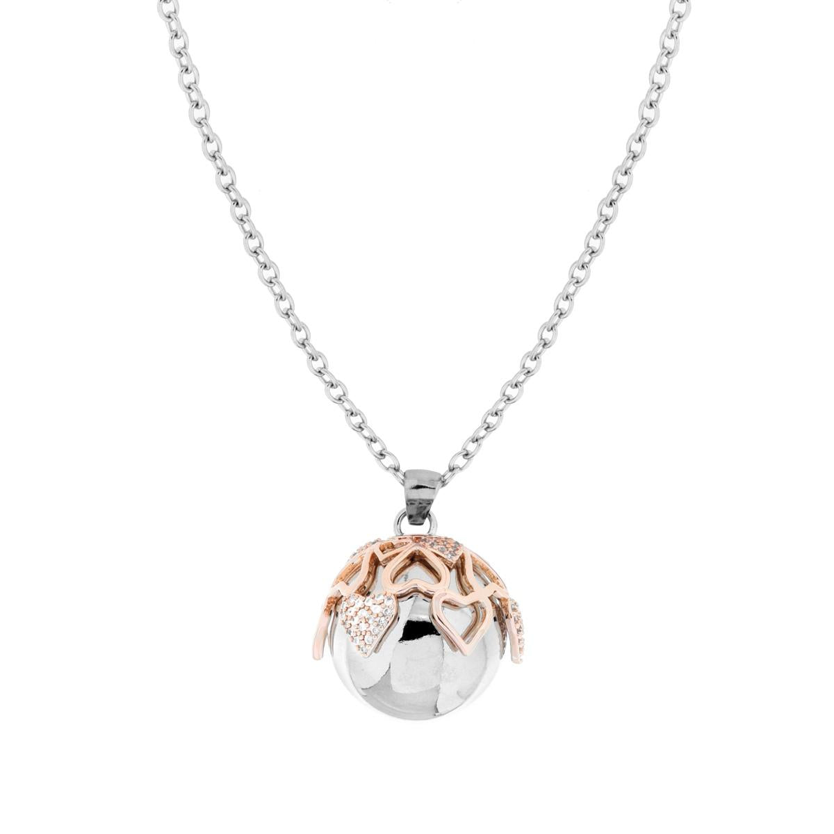Collana Catena Forzatina cm 90+5 Chiama Angeli Cupola di Cuori colore Rosa Crystal con Sfera in ACCIAIO e BRONZO