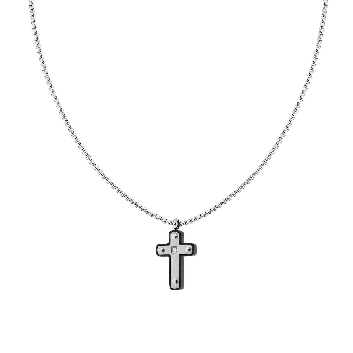 Collana Catena Veneziana Tonda con Croce Nera con Crystal Bianco in ACCIAIO