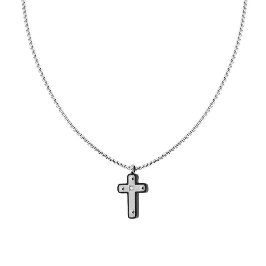 Collana Catena Veneziana Tonda con Croce Nera con Crystal Bianco in ACCIAIO
