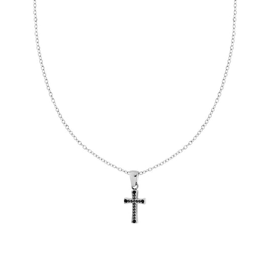 Collana con Catena Forzatina Diamantata con Croce e Crystal Neri in ACCIAIO
