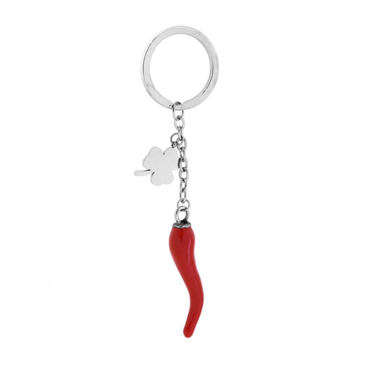 Portachiavi Uomo Donna ad Anello con soggetti Portafortuna Quadrifoglio e Corno Smalto Rosso in ACCIAIO