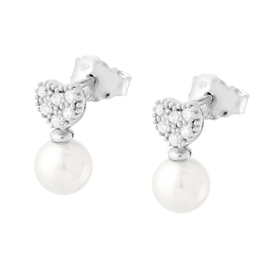 Orecchini Cuore con Cubic Zirconia Bianchi e Perla in ARGENTO 925 Galvanica Rodio