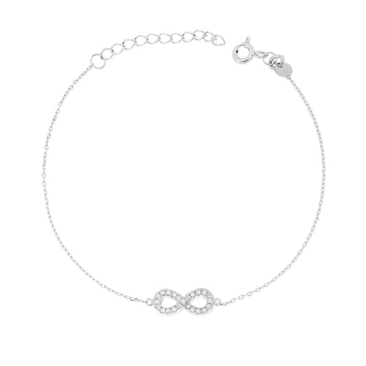 Bracciale Catena Forzatina Diamantata con Infinito e Cubic Zirconia Bianchi in ARGENTO 925 Galvanica Rodio
