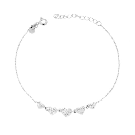 Bracciale Catena Forzatina Diamantata con Cuori e Cubic Zirconia Bianchi  in ARGENTO 925 Galvanica Rodio