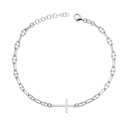Bracciale Catena Forzatina Allungata con Croce in ARGENTO 925 Galvanica Rodio