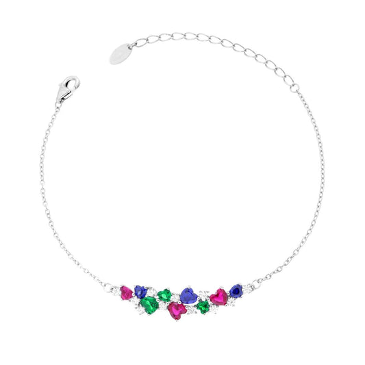 Bracciale Catena Forzatina con Cuori Cubic Zirconia Multicolor in ARGENTO 925 Galvanica Rodio