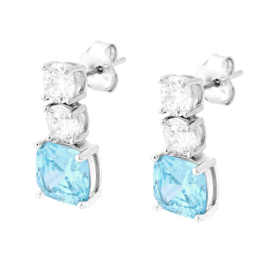 Orecchini Trilogy Acquamarina Quadrato e Punti Luce Cubic Zirconia Bianchi in ARGENTO 925 Galvanica Rodio