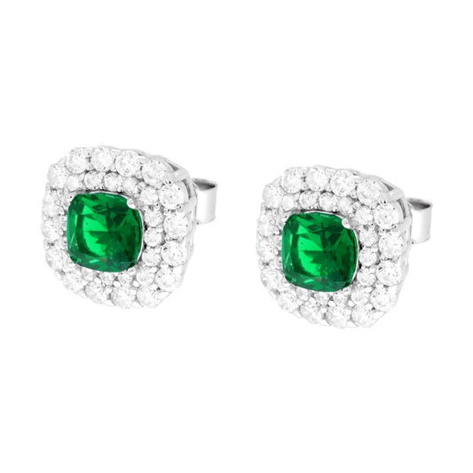 Orecchini Quadrato Verde Smeraldo contornato da Cubic Zirconia Bianchi in ARGENTO 925 Galvanica Rodio